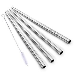 Alink Stainless Steel Smoothie Straws, 9" X 8mm Set of 4 with Cleaning Brush