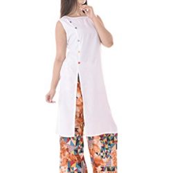BrightJet Attractive Designer White Rayon Women Fashion Printed Kurti Straight fit Kurta Top Tunic with Printed Palazoo Party Dress Combo Pack (M)