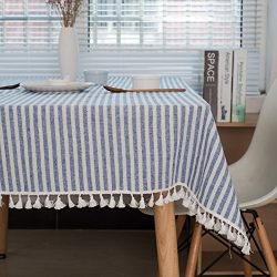 ColorBird Stripe Tassel Tablecloth Cotton Linen Dust-proof Table Cover for Kitchen Dinning Tabletop Decoration (Rectangle/Oblong, 55 x 86Inch, Blue)