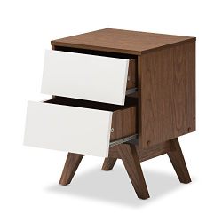 Baxton Studio Herve Mid-Century Modern White & Walnut Wood 2-Drawer Storage Nightstand, White/"Walnut" Brown