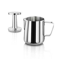 New Star Foodservice Commercial Grade Stainless Steel 18/8 12 oz Frothing Pitcher and Die Cast Aluminum Tamper Combo Set, Silver