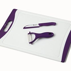 Chef Made Easy Large Plastic Cutting Board (Purple) with Drip Groove Includes Free Bonus Ceramic Peeler and 3" Ceramic Paring Knife - Non-slip and Stain-resistant