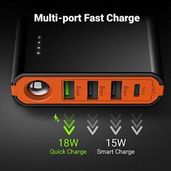 EasyAcc 20000 mAh USB C Power Bank, QC 3.0 Quick Charge Portable Charger, MegaCharge D20 External Battery Pack with 5A Dual Input, 6A 4-Port Output- Black & Orange