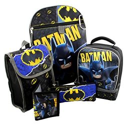 Lego Batman 6 piece Backpack and Lunch Box School Set (Black/Grey, One Size)