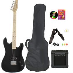 Black Full Size Electric Guitar & Practice Amp with Case Strap Cord Beginner Package & DVD