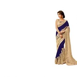 Aarah Women's Ethnic Wedding And Party Wear Awesome Color Saree Free Size Blue and Chiku