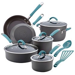 Rachael Ray Cucina 87641 12-Piece Cookware Set, Gray, Agave Blue Handles