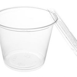 Crystalware, Disposable 5.5oz. Plastic Portion Cups with Lids, Condiment Cup, Jello Shot, Soufflé Portion, Sampling Cup, 100 Sets – Clear