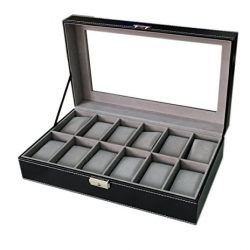 Sodynee WBPU12-03 Watch Dislpay Box Organizer, Pu Leather with Glass Top, Large, Black