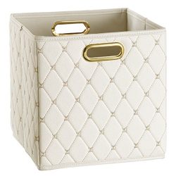 Creative Scents Cube Storage Bin Faux Leather - Decorative Basket with Handles for Shelf, Foldable Storage Cube Organizer Bin for Closet Clothes blanket magazines Bedroom nursery Under Bed(Off-White)