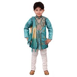 Ahhaaaa Kids Ethnic Indian Festive and Party Wear Sherwani and Breeches With Dupatta Set For Boys Blue 6-7 Years