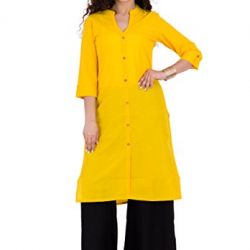 BrightJet Bollywood Yellow Cotton Frontslit Women Fashion Kurti A-Line Kurta Top Tunic With Rayon Solid Black Plazzo Set Party Dress Casual (XXL)