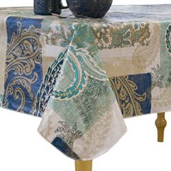 Elrene Home Fashions Vinyl Tablecloth with Polyester Flannel Backing Paisley Scroll Easy Care Spillproof, 70" Round, Taupe Blue Green