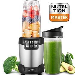 Aicok Smoothie Blender, Personal Blender Single Serve with LED Smart One Touch, Two Large Tritan Travel Cups(35oz and 28oz), 1200Watt, High Speed Professional Blender, Silver