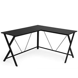 SONGMICS L Shaped Computer Desk Office Corner Desk, Enough Space for 4 or more Computers and Sturdy Metal Frame, Easy Assembly, Tools and Instructions Included, Black