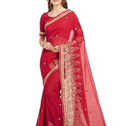 Viva N Diva Saree for Women's Cherry Red Color Faux Georgette Embroidery Saree with Un-Stiched Blouse Piece,Free Size