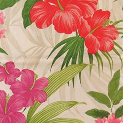 Summer Fun by Elrene Red and Red/Purple Hibiscus and Tropical Pink Flowers with Zipper Umbrella Hole Vinyl Flannel Back Tablecloth (60" x 84" Oblong)