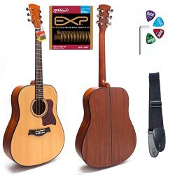 Dreadnought Acoustic Guitar SOLID Top Series by Hola! Music (Model HG-41STM), Full Size 41 Inch - SOLID Spruce Top, Mahogany Back and Sides - D'Addario EXP16 Steel Strings and Guitar Strap Included