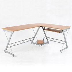 HOMCOM 67” Wooden Corner L-Shaped Computer Desk With Keyboard Tray - Natural Brown