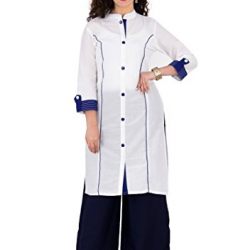 BrightJet Designer Cotton White Women Fashion Kurti Straight Fit Kurta Top Tunic with Rayon Solid Blue Plazzo Set Party Dress (XL)