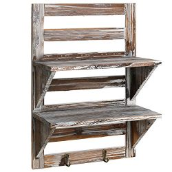 MyGift Rustic Wood Wall Mounted Organizer Shelves w/2 Hooks, 2-Tier Storage Rack, Brown
