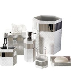 Creative Scents Quilted Mirror Bathroom Accessories Set, 6 Piece Bath Set Collection Features Soap Dispenser, Toothbrush Holder, Tumbler, Soap Dish, Tissue Cover, Wastebasket