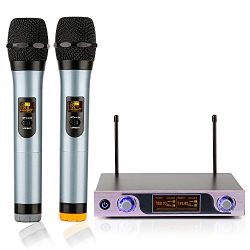 ARCHEER VHF Wireless Microphone System with LED Display and Dual Handheld Microphones for outdoor wedding, Conference, Karaoke, Evening Party, Rose Gold