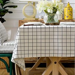 ColorBird Check Plaid Tablecloth Waterproof Cotton Linen Table Cover for Kitchen Dinning Tabletop Decoration (White, 55 x 86 Inch)
