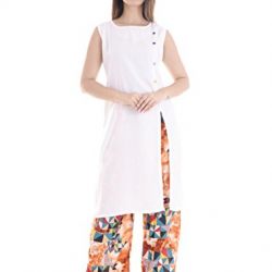 BrightJet Attractive Designer White Rayon Women Fashion Printed Kurti Straight fit Kurta Top Tunic with Printed Palazoo Party Dress Combo Pack (M)