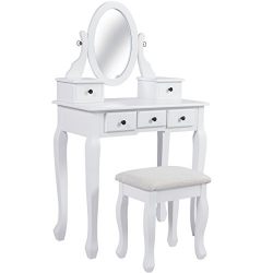 Best Choice Products Vanity Table and Stool Set w/Adjustable Oval Mirror, 5 Drawers, Padded Seat - White