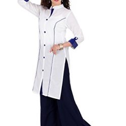 BrightJet Designer Cotton White Women Fashion Kurti Straight Fit Kurta Top Tunic with Rayon Solid Blue Plazzo Set Party Dress (XL)