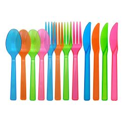 Party Essentials Hard Plastic Cutlery Combo Pack, 288 Pieces/96 Place Settings, Assorted Neon Brights