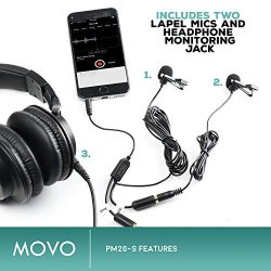 Movo Executive Lavalier Clip-on Interview Microphone with Secondary Mic & Headphone Monitoring Input for Apple iPhone, iPad, Samsung, Android Smartphones/Tablets