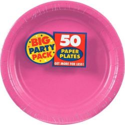 Amscan Big Party Pack 50 Count Paper Lunch Plates, 9 inch, Bright Pink
