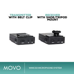 Movo WMIC50 2.4GHz Wireless Lavalier Microphone System with Integrated 164-foot Range Antenna (Includes Transmitter with Belt Clip, Receiver with Camera Shoe, Lavalier and 2 Earphones)