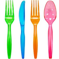 Plastic Cutlery 96-Piece Combo Knives/Forks/Spoons, Assorted Neon Colors