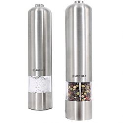 JustNile Electric Salt and Pepper Grinder Set - Single Touch Battery Operated, LED Light and Easy Adjustable Coarseness | Pack of 2 | each Measured 1.97" x 8.66" | Holds Up To 5 Ounce of the Spice
