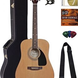 Fender Acoustic Guitar Bundle with Hard Case, Stand, Tuner, Strings, Strap, Picks, Austin Bazaar Instructional DVD, and Polishing Cloth
