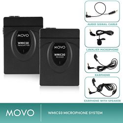 Movo WMIC50 2.4GHz Wireless Lavalier Microphone System with Integrated 164-foot Range Antenna (Includes Transmitter with Belt Clip, Receiver with Camera Shoe, Lavalier and 2 Earphones)