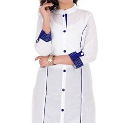 BrightJet Designer Cotton White Women Fashion Kurti Straight Fit Kurta Top Tunic with Rayon Solid Blue Plazzo Set Party Dress (XL)