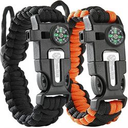 Paracord Bracelet (2 pack) – Tactical and Survival Gear Kit – Adjustable Size – Fire Starter – Loud Whistle – Emergency Knife – Perfect for Hiking, Camping, Fishing and Hunting – Black & Black+Orange