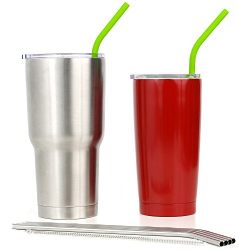 Silicone Straws and Stainless Steel Straws Bundle - Reusable Straws for 30 oz Tumbler Yeti/Rtic/Ozark - 6 Reusable Straws + 2 Brushes + 1 Purple Storage Pouch for Silicone and Metal Straws