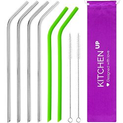Silicone Straws and Stainless Steel Straws Bundle - Reusable Straws for 30 oz Tumbler Yeti/Rtic/Ozark - 6 Reusable Straws + 2 Brushes + 1 Purple Storage Pouch for Silicone and Metal Straws