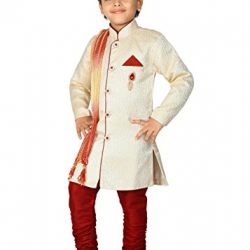 Ahhaaaa Kid's Ethnic Indian Sherwani Dupatta and Breeches Set Special Traditional Collection for Boys (2-3 Years, Cream)