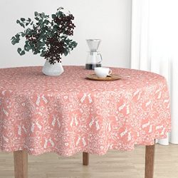 Roostery Round Tablecloth - Peach Folk Love Heart Bunny Swedish Girl by Nouveau Bohemian - Cotton Sateen Tablecloth 70in