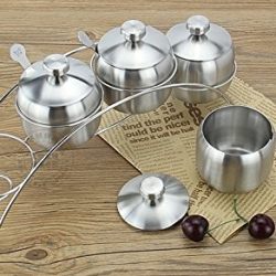 Quality Stainless Steel Made| Spice Seasoning Jars Containers with Lids and Spoons on Non-Slip Rack - Set of 4 Containers