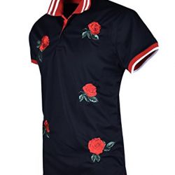 SCREENSHOTBRAND- Mens Hipster Hip-Hop Premium Tees - Stylish Fashion Rose Flower Embroidery Polo T-Shirt - Black-Large