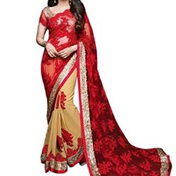 Aarah Women's Ethnic Wedding And Party Wear Awesome Color Saree Free Size Red and Chiku