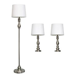 Elegant Designs Three Pack Lamp Set (2 Table Lamps, 1 Floor Lamp), Brushed Steel