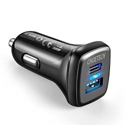 USB C Car Charger Quick Charge 3.0, CHOETECH 18W 3A Dual-Port Car Charger Adapter